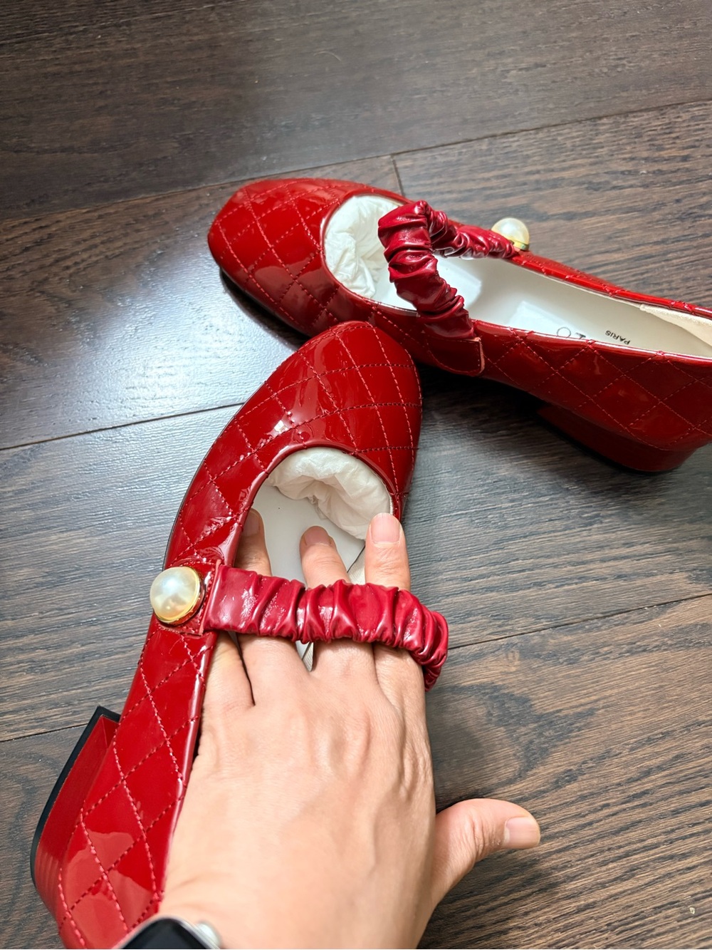 Repetto Red Quilted Patent Mary Jane Flats with Pearl Button